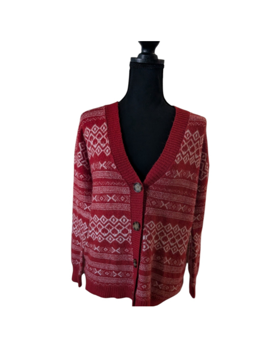 FREE! LOFT Cardigan Sweater Size S Red White Fair Isle Christmas Pattern